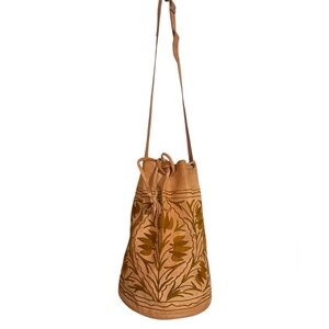 70’s Artisan Tan Leather w/Embroidered Florals Large Bucket Bag - Mexico
